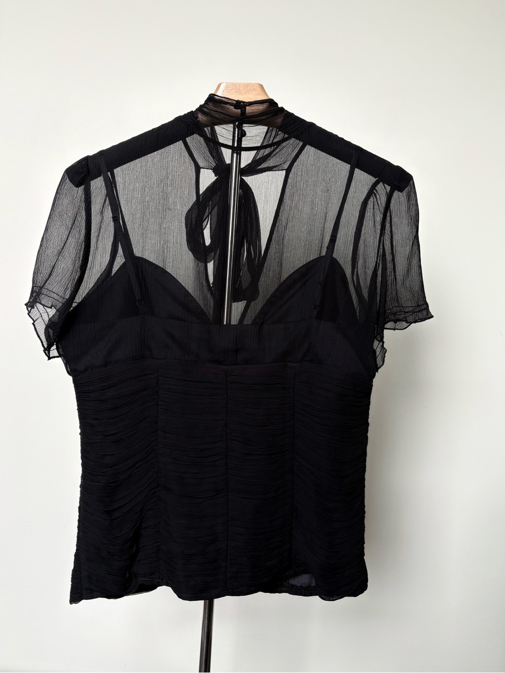 Guess by Marciano Black Sheer Tie-Neck Ruched Blouse - Picture 5 of 9